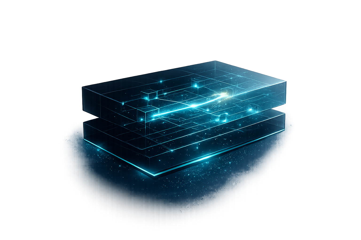 Layered glass blueprint showing the AppSpec — a structured, machine-readable definition of an Artivex system