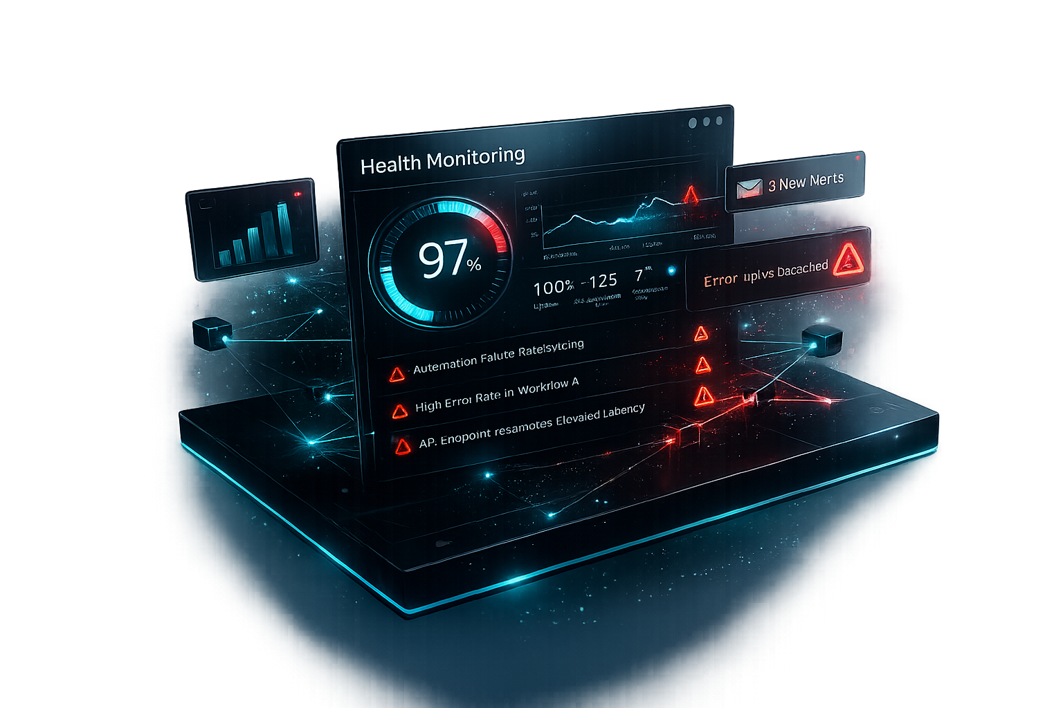 Health monitoring dashboard with uptime gauge, alerts panel, and per-automation failure rate tracking for deployed Artivex systems